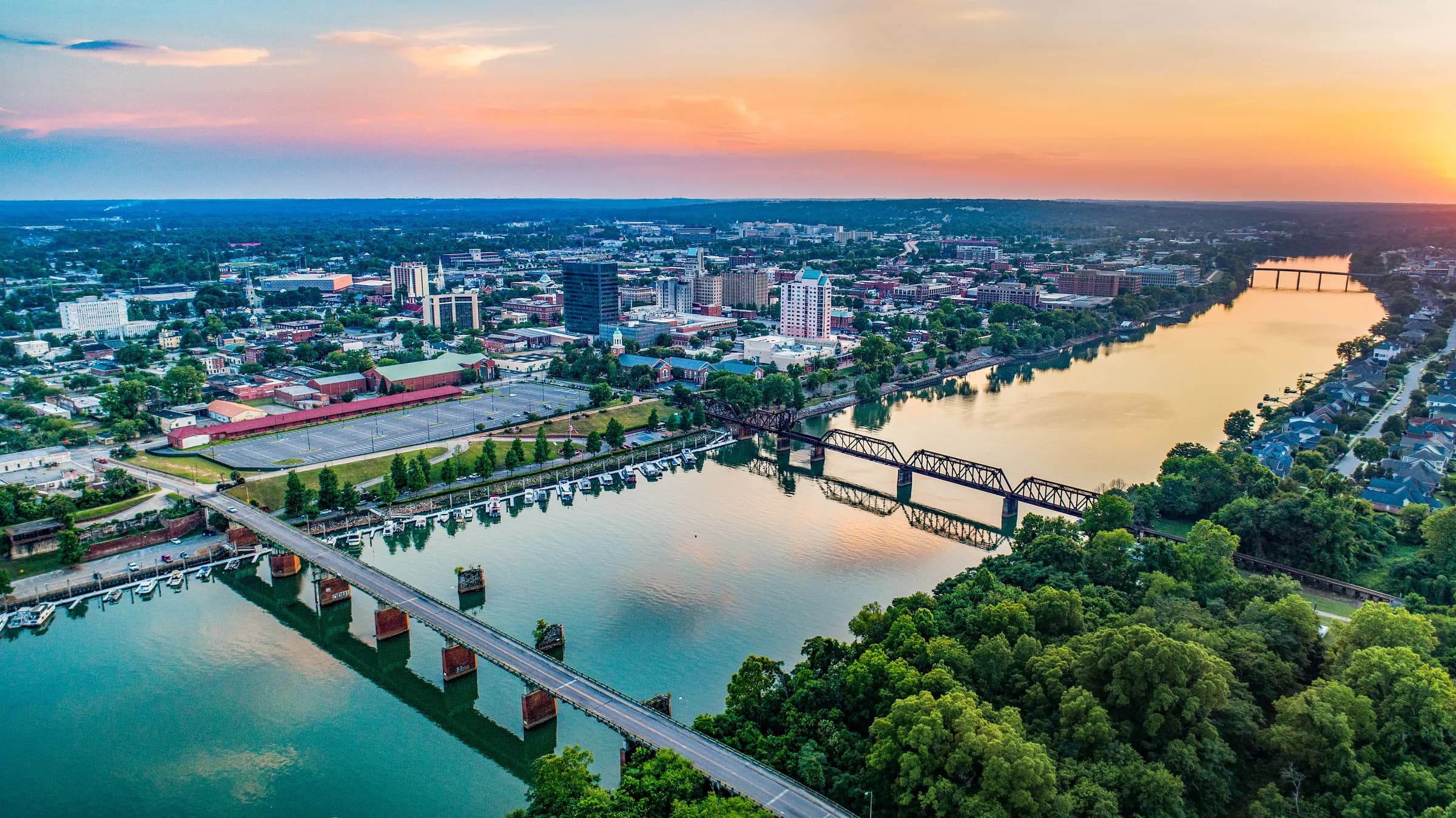 Aerial view of downtown Augusta and the Savannah River at sunset
