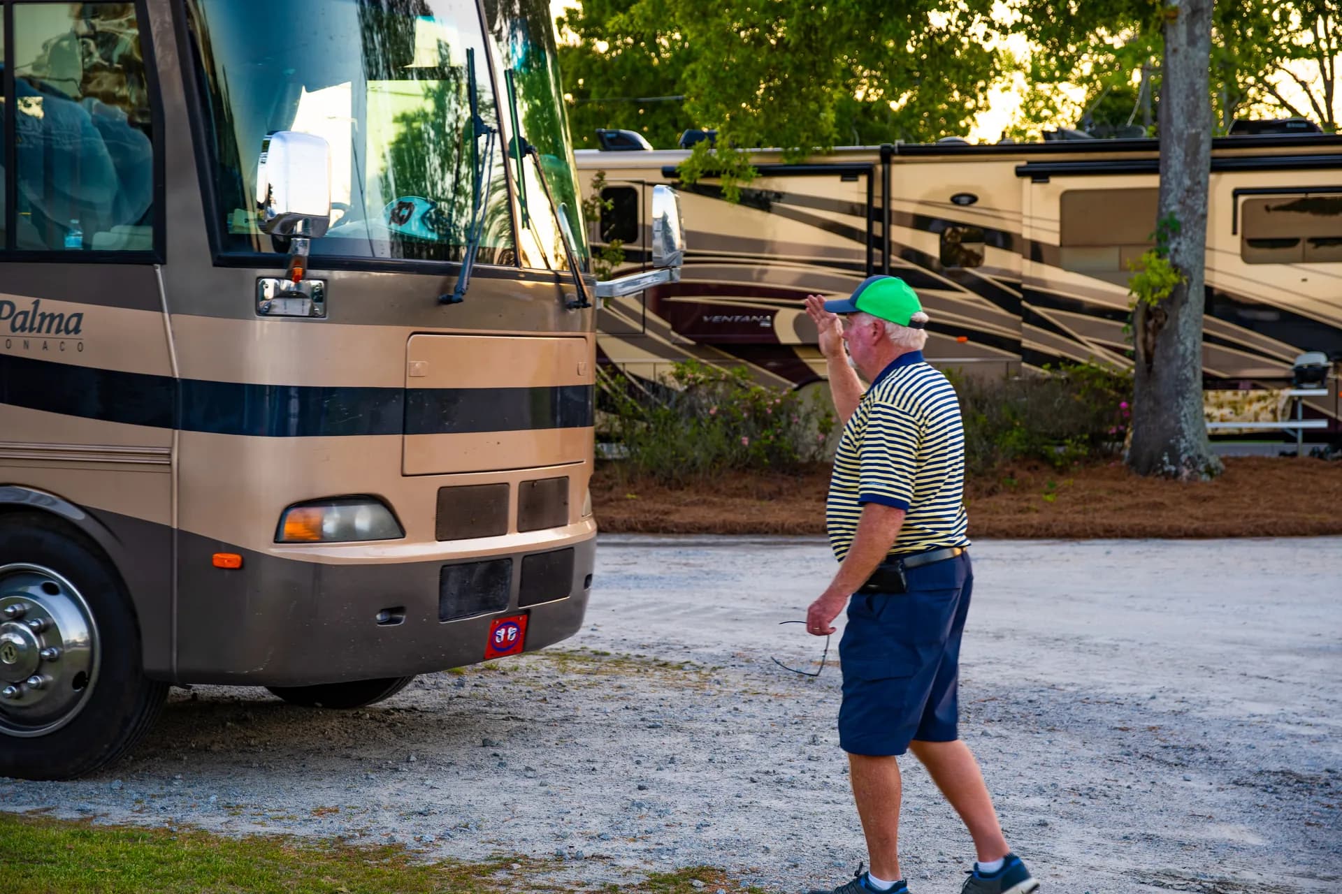 A longtime guest returning to his coach in the late afternoon at Heritage RV Park